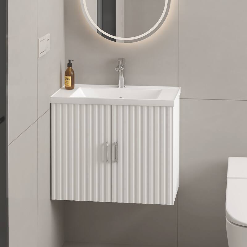 24" Wall-Mounted Floating Bathroom Vanity with Porcelain Sink, Soft-Close Doors, and Waterproof MDF Board