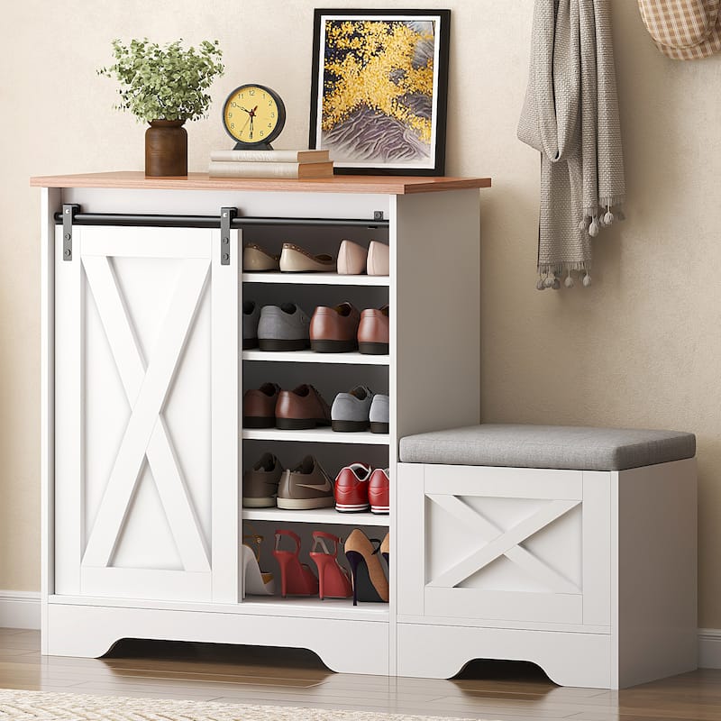 Farmhouse Entryway Shoe Bench with Storage and Cushioned Seating - White Sliding Door Cabinet