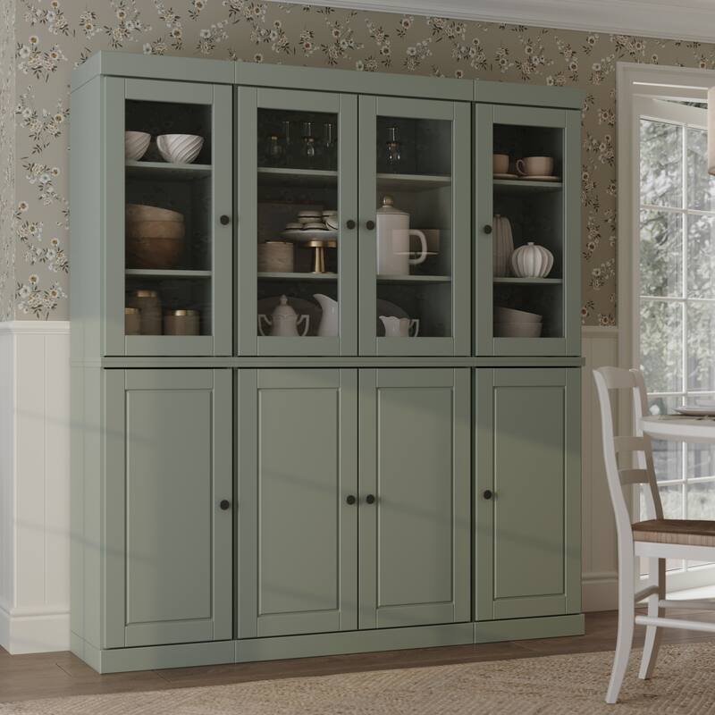 Palace Imports 100% Solid Wood Pantry China Cabinet, Raised Panel & Clear Glass Doors, Adjustable Shelves, 65" Wide, 71.5" Tall - Sage