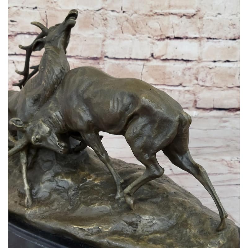 Two Elk Fighting Bronze Sculpture Animal Wildlife Marble Base Figurine Figure