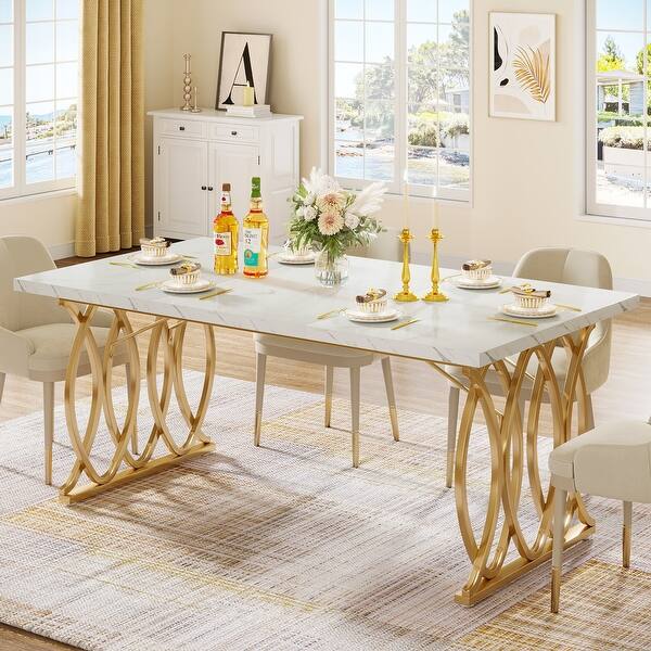 Modern Dining Table for 4-6 People, 63" Large Kitchen Table with Faux Marble Tabletop