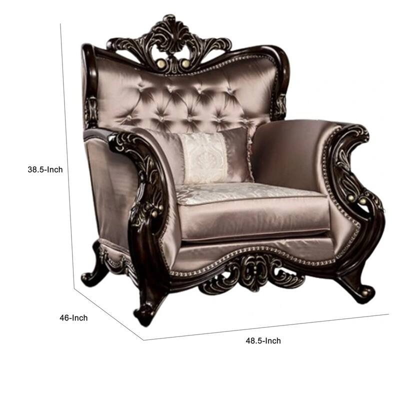 Aboi Armchair w Pillow, Brown Velvet, Ornate Carved Dark Cherry Wood