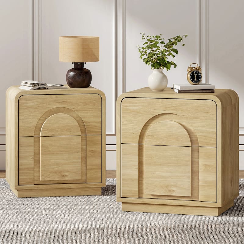 Bestier - Nightstand with 2 Drawers, Charging Station & Arched Design, Embossed Bedroom End Table for Bedroom - Set of 2 - Natural Maple