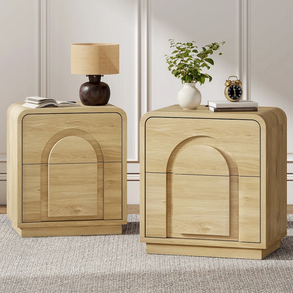 Bestier - Nightstand with 2 Drawers, Charging Station & Arched Design, Embossed Bedroom End Table for Bedroom - Set of 2