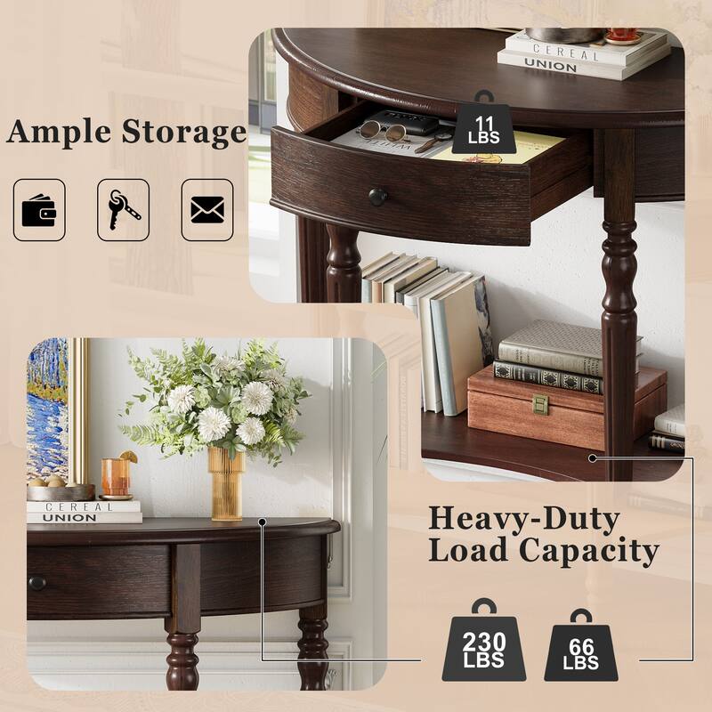 Farmhouse Half Moon Console Table with Drawer and Shelf, Rustic Solid Wood Entryway Sofa Table