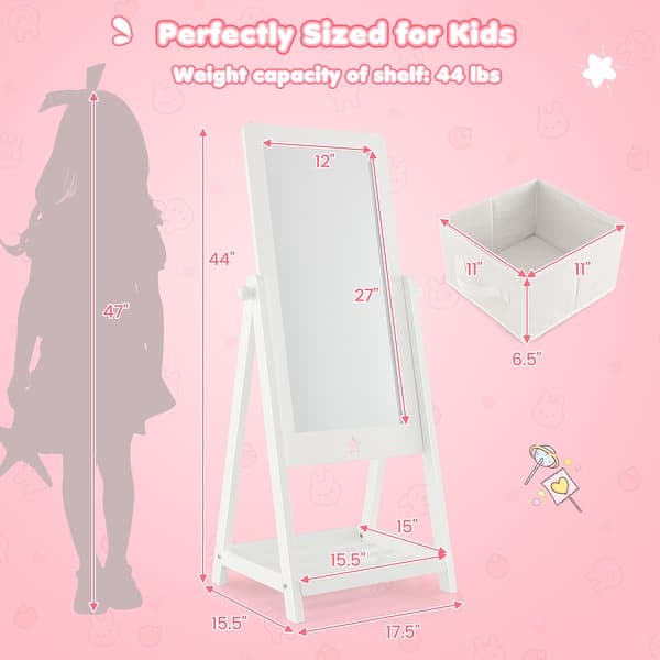 Kids Full Length Wooden Standing Mirror with Bottom Shelf and Foldable Storage Bin-White - 17.5"L x 15.5"W x 44"H