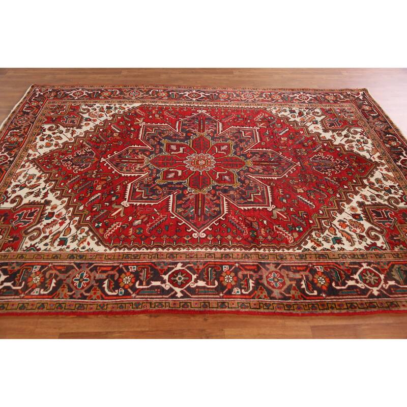 Hand Knotted Oriental 100% Wool Carpet Traditional Medallion Red Heriz Area Rug - 9' 2'' X 6' 8''