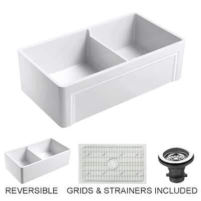 Olde London Fireclay 33" Reversible Double Farmhouse Kitchen Sink Set