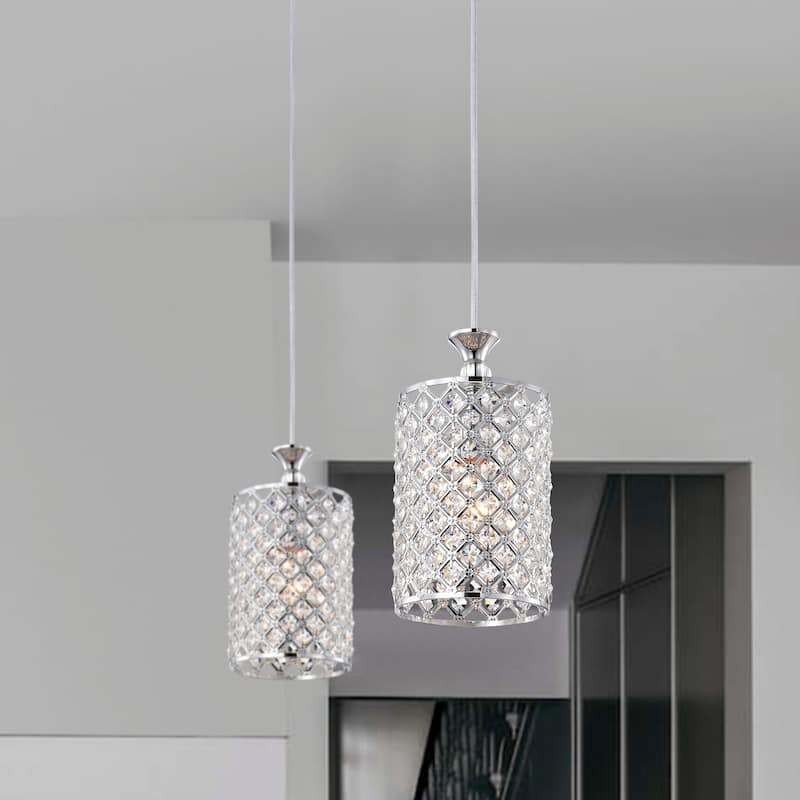 Chrome 1-Light Round Beaded Drum Pendant with Crystals