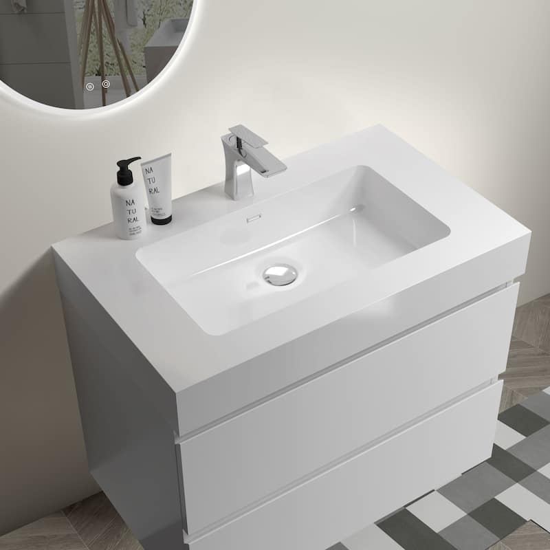 GDFStudio - Eloise Seamless Integrated Solid Surface Bathroom Basin with Overflow and Contemporary Silhouette - 30'' - White