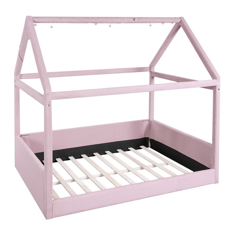 Full Size Upholstered House-Shaped Kids Bed with LED Light Strips, Corduroy Platform Bed Frame Floor Bed