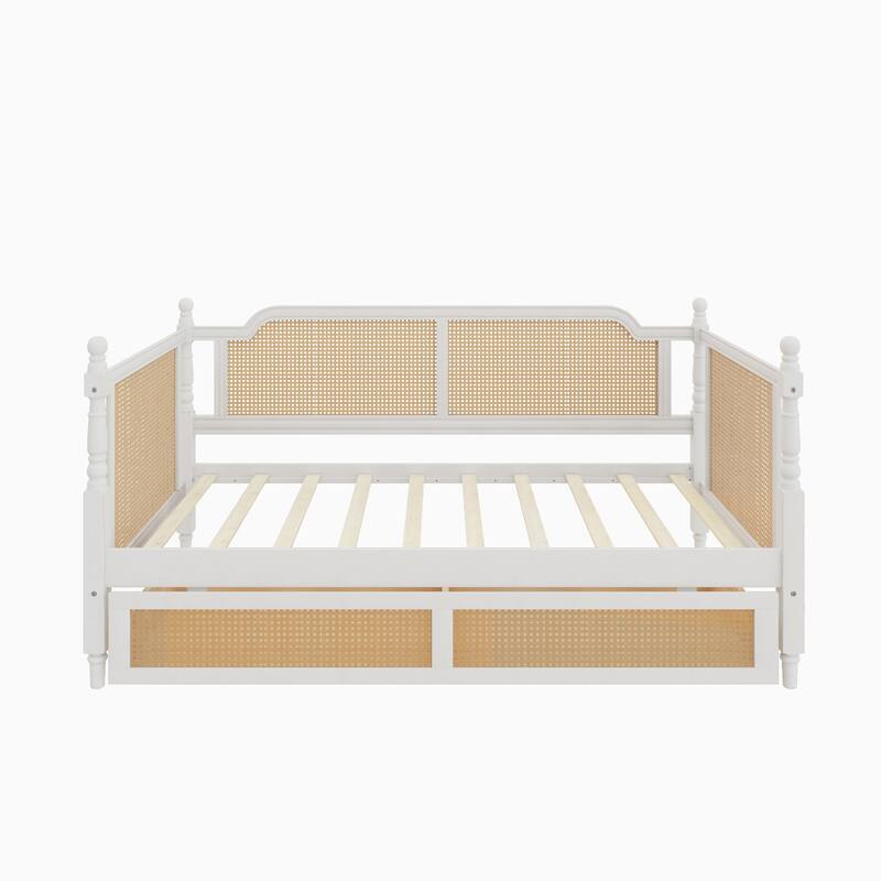 Rattan Frame Daybed with Pull-out Storage Drawers Bookcase Bed - Wooden Sofa Bed with Trundle Bed Platform Bedframe - Open Bed