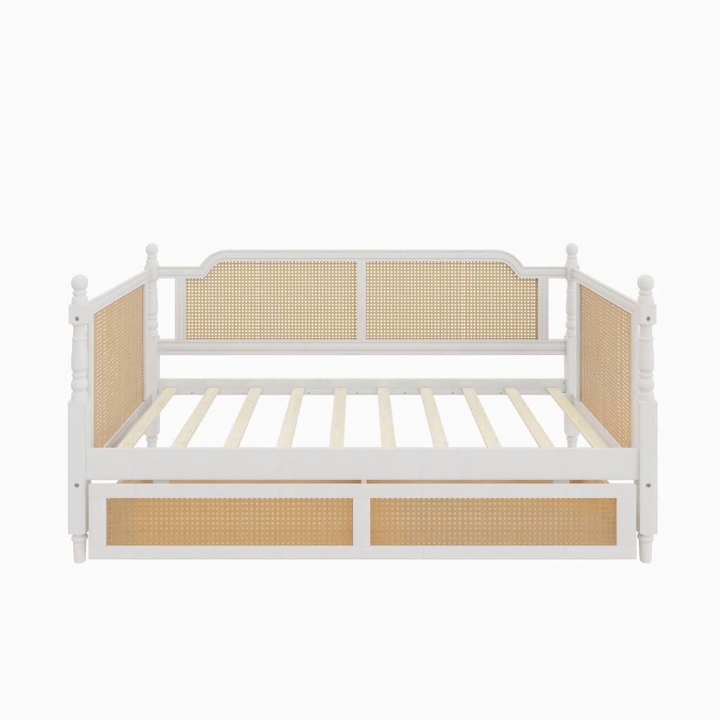 Traditional Style Rattan Twin Size Daybed with 2 Drawers for Limited Space