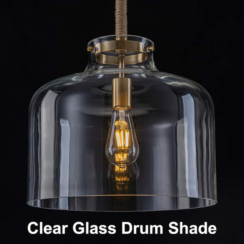Starsky 1-Light Clear Glass Bell Jar / Cloche Pendant With Rope Accent