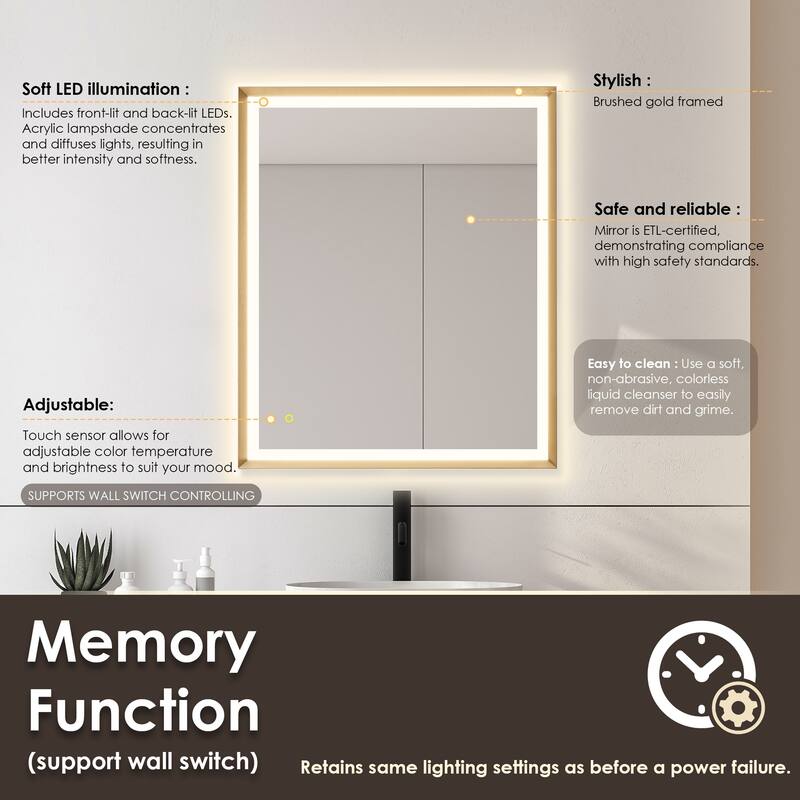 Apollo Rectangular Anti-Fog Dimmable Modern Bathroom/Vanity LED Lighted Wall Mirror in Brushed Gold Aluminum Framed
