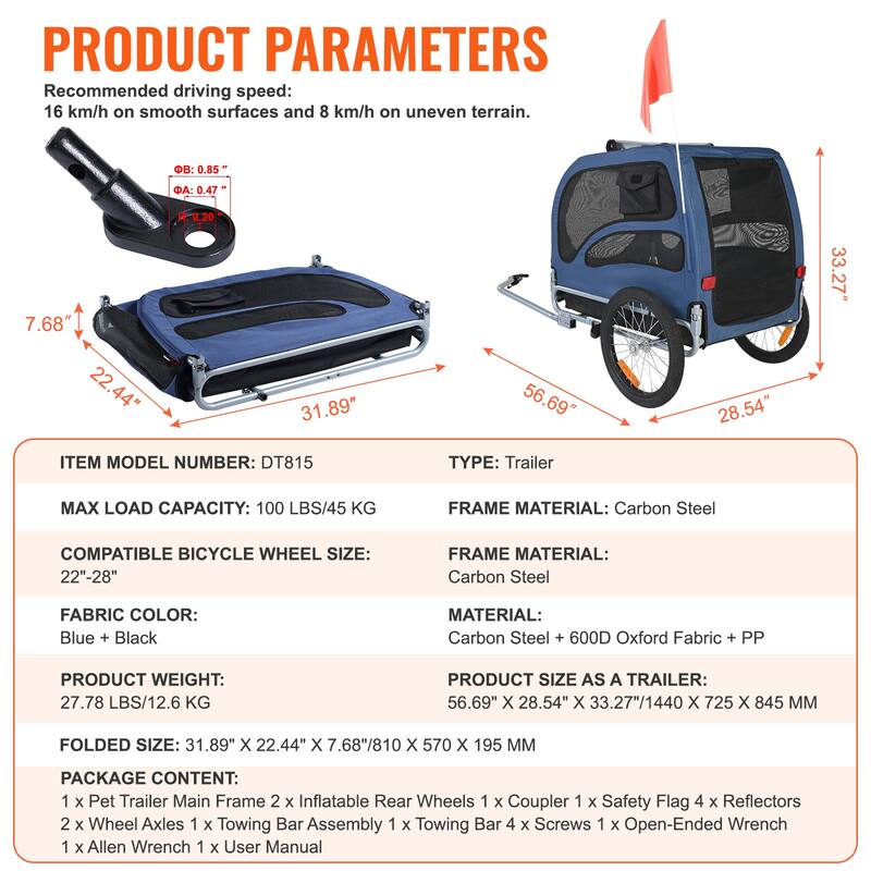 Dog Bike Trailer, Pet Cart Bicycle Carrier, Easy Folding Frame with Quick Release Wheels, Universal Bicycle Coupler