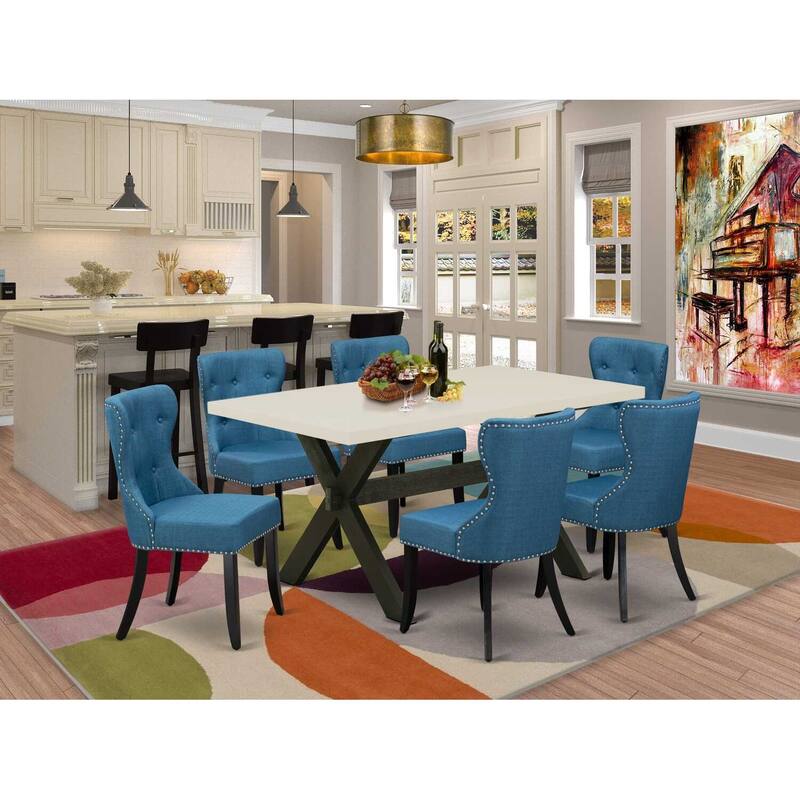HomeStock 7-Piece Rectangle Natural Oak Finish Solid Wood Top Dining Table with 6-Parson Chairs