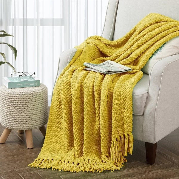 slide 2 of 3, 60" x 80" Textured Knit Throw Blanket Tassel Soft Cozy Lemon Curry