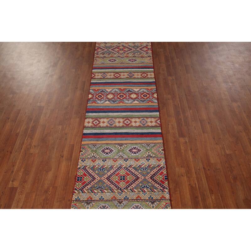 Striped Kazak Oriental Runner Rug Hand-Knotted Wool Carpet - 2'8" x 9'5"