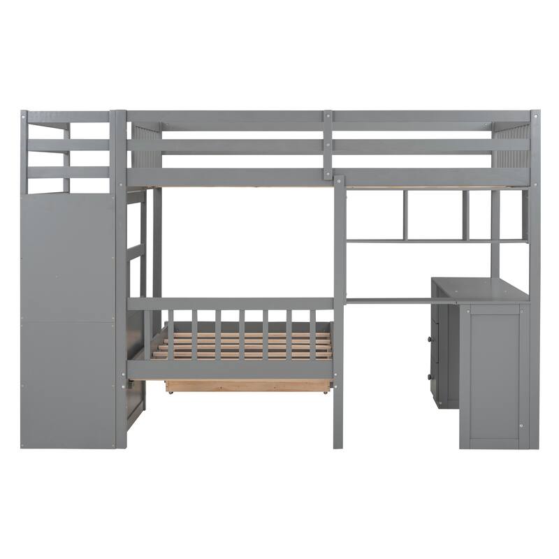 Full Over Twin Size Gray Bunk Bed Wooden L-Shaped Platform Bed Frame with Multiple Storage Drawers ,Desk and Bookshelves