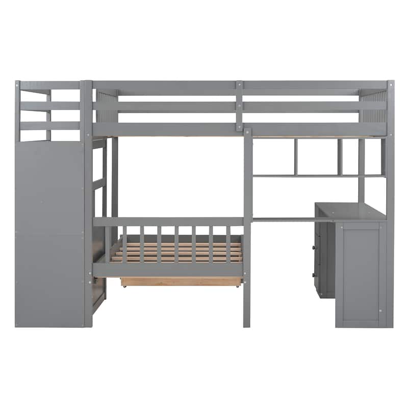 Gray Full over Twin Size Solid Wood Bunk Bed with Desk, Drawers and Shelves