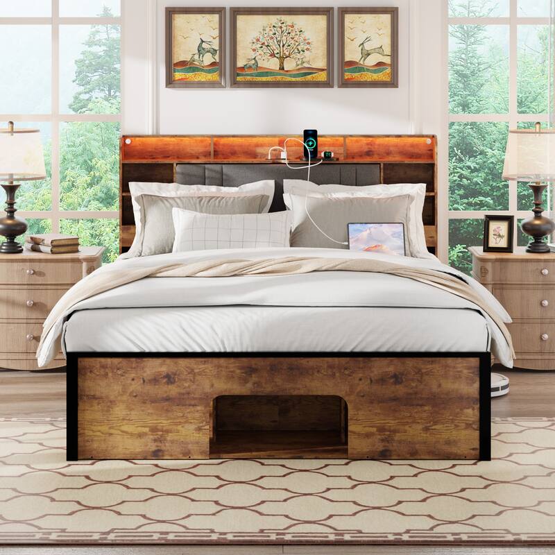 Queen Platform Bed with Pet House, Linen Storage Headboard with Charging Station and LED, Heavy Duty Metal Bed Frame