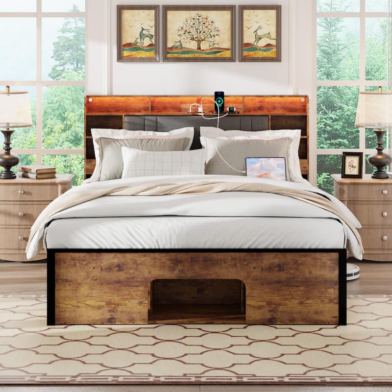 Queen bed Frame with Upholstered Headboard and Wood Platform,Storage Headboard with Charging Station and LED