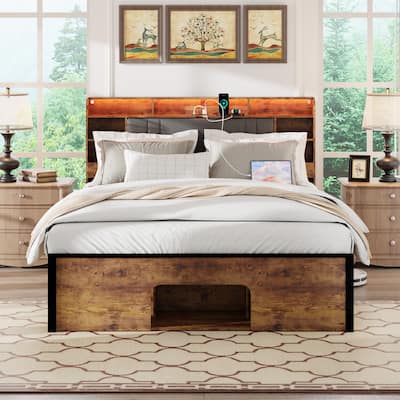 Queen bed Frame with Upholstered Headboard and Wood Platform,Storage Headboard with Charging Station and LED