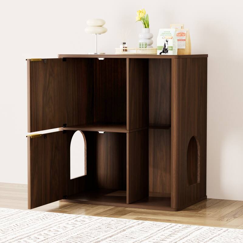 31.5" Walnut Cat Litter Cabinet with Cat Tree, Grooved Concealed Litter Furniture Featuring Dual Cat Doors and Storage Shelves