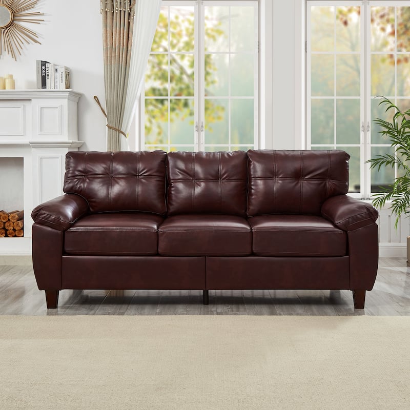 Breathable PU Leather Upholstered Couch 3 Seater Sofa with Storage - Burgundy