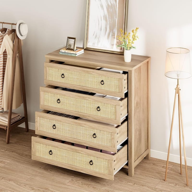 Rattan Dresser Storage Cabinet for Bedroom Living Room, Natural Oak