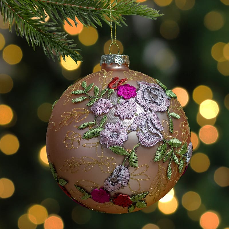 4.5" Pink Floral Applique Glass Ball Christmas Ornament