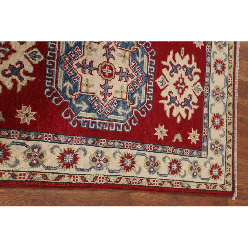 Geometric Red Kazak Rug Handmade Wool Carpet - 2'8" x 4'1"