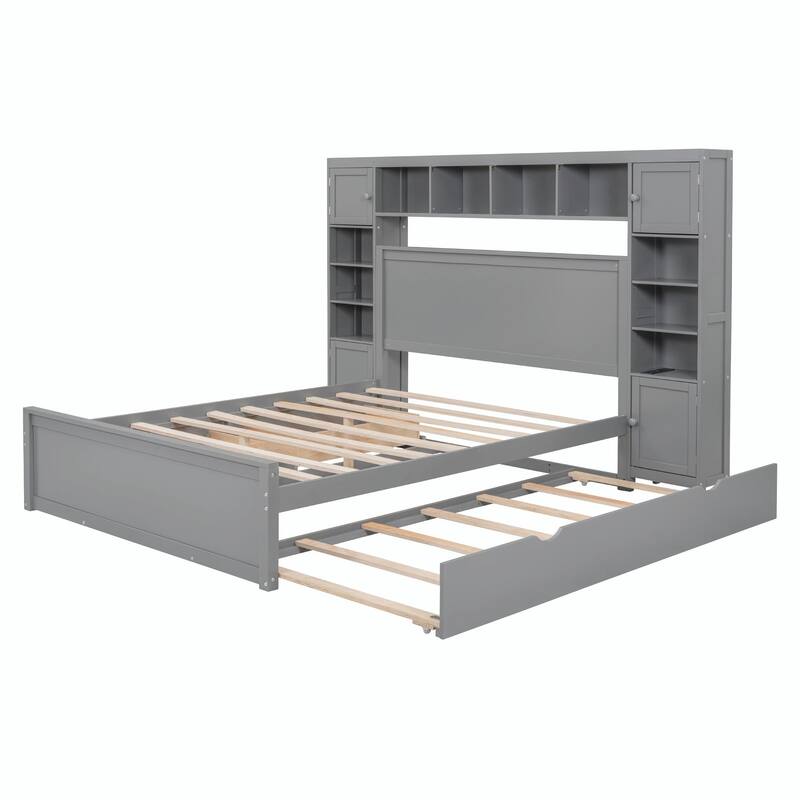 Wooden Bed with Built-in Cabinet, Shelf, and Sockets