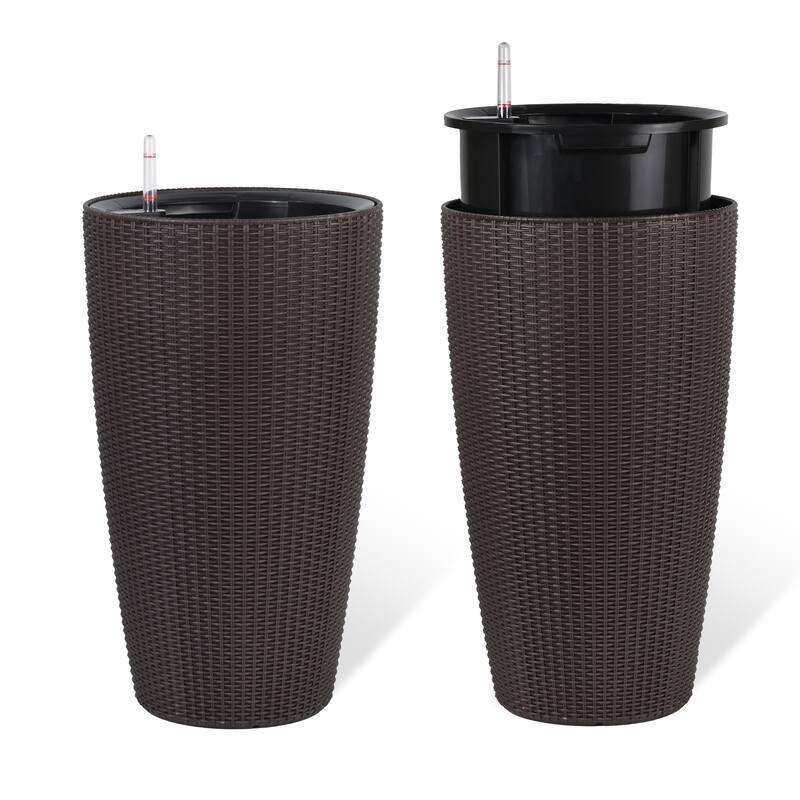 Set of 2 Faux Rattan Tall Planters Outdoor Indoor Large Planters with Water Level Monitor Inner Bucket,Automatic Watering
