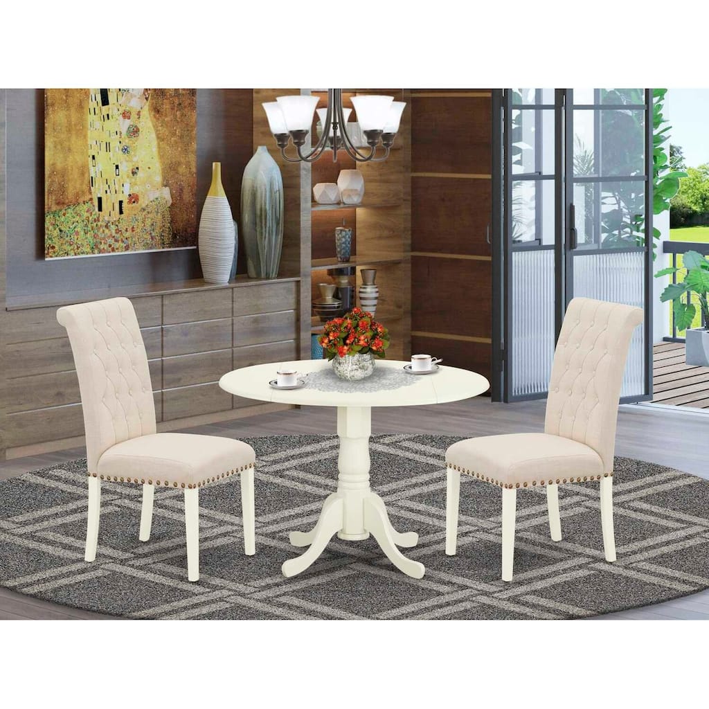 HomeStock 3-Piece Round Buttermilk & Cherry Finish Solid Wood Top Dining Table with 2-Parson Chairs with Drop Leaf