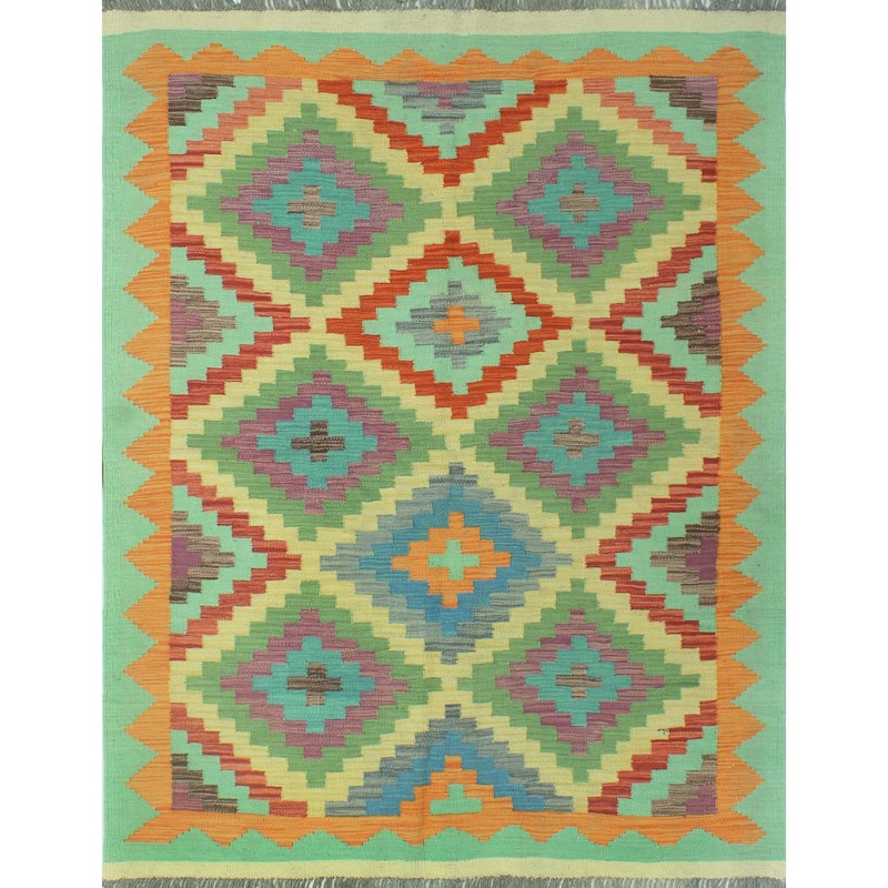 Sangat Flatweave Raleah Lt. Green/Orange Rug - 4'2" x 5'10"