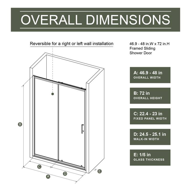Clear Tempered Glass Single Sliding Shower Door, 48" W x 72" H with Stainless Steel Handle