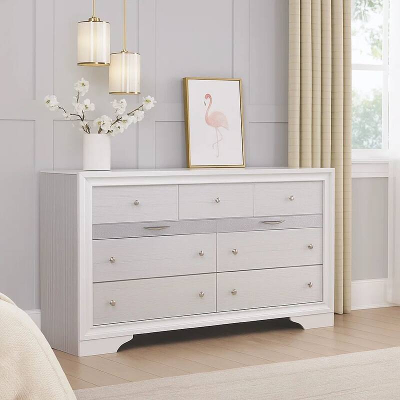 Wooden Dresser with 7 Drawers and 2 Jewelry Drawer, White and Silver