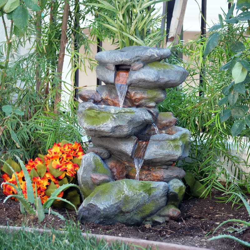 Alpine Corporation - Outdoor 3-Tier Rock Waterfall Fountain with LED Lights for Garden, Patio, Yard, and Porch Decor