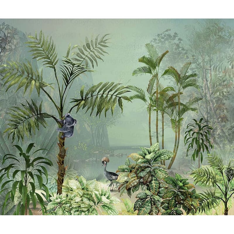 Tropical Forest Wildlife Wallpaper Mural Koala and Crane Jungle Scene - Green - W:131" x H:118"