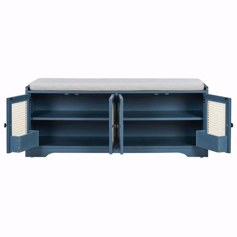 Rustic Storage Bench with Removable Cushion, Woven Rattan Doors & Adjustable Shelves