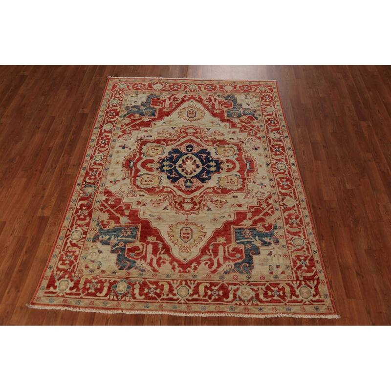 Vegetable Dye Heriz Serapi Oriental Rug Handmade Wool Carpet - 4'11"x 6'9"