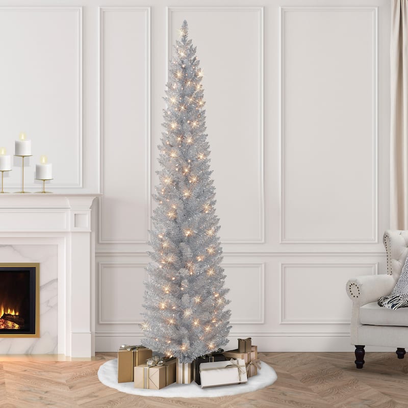 Puleo International 6 ft. Pre-lit Silver Tinsel Pencil Tree - 6 Foot