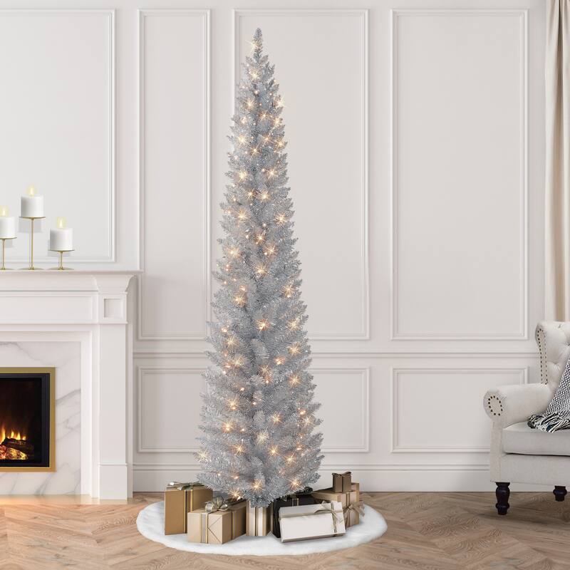 Puleo International 7 ft. Pre-Lit Silver Tinsel Artificial Tree - Silver