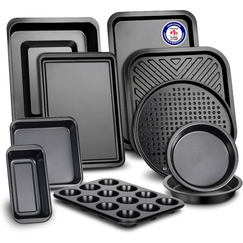 BAKKENMASTER Nonstick Baking Pan Set - Bakeware with Silicone Handles - Black - 10 Pieces