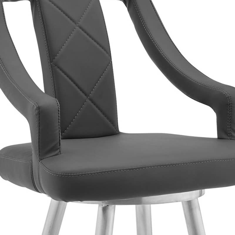 Grey Faux Leather Swivel Bar Chair with Arms, Footrest and Silver Frame