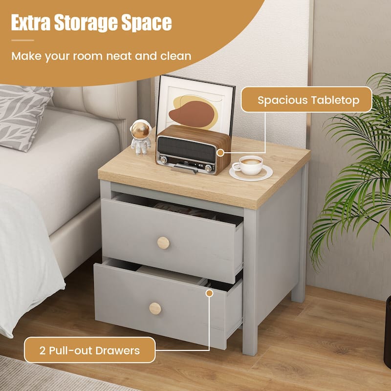 Gymax Nightstand Farmhouse Side End Table w/ Solid Wood Legs & 2