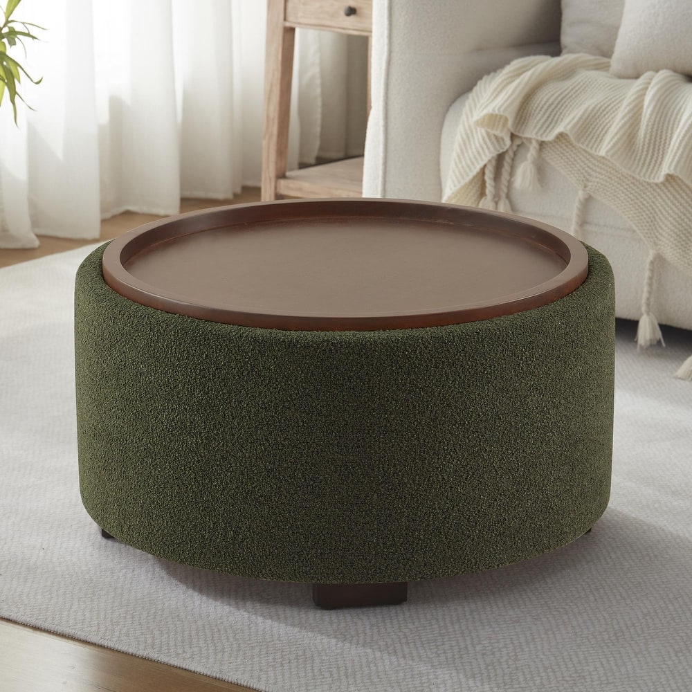 Huimo Modern round wooden tray Ottoman with Storage