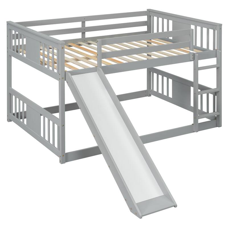 Floor Bunk Bed Full Over Full Wooden Bed Frame with Ladder and Slide